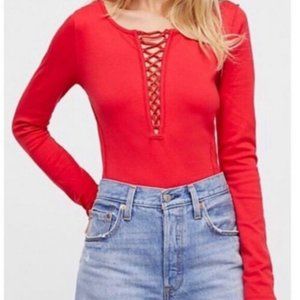 FREE PEOPLE Red Jacqui Lace Up V-Neck Top Shirt